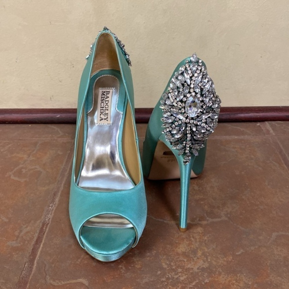 Badgley Mischka Turquoise Satin Crystal-Embellished Peep-Toe Pumps